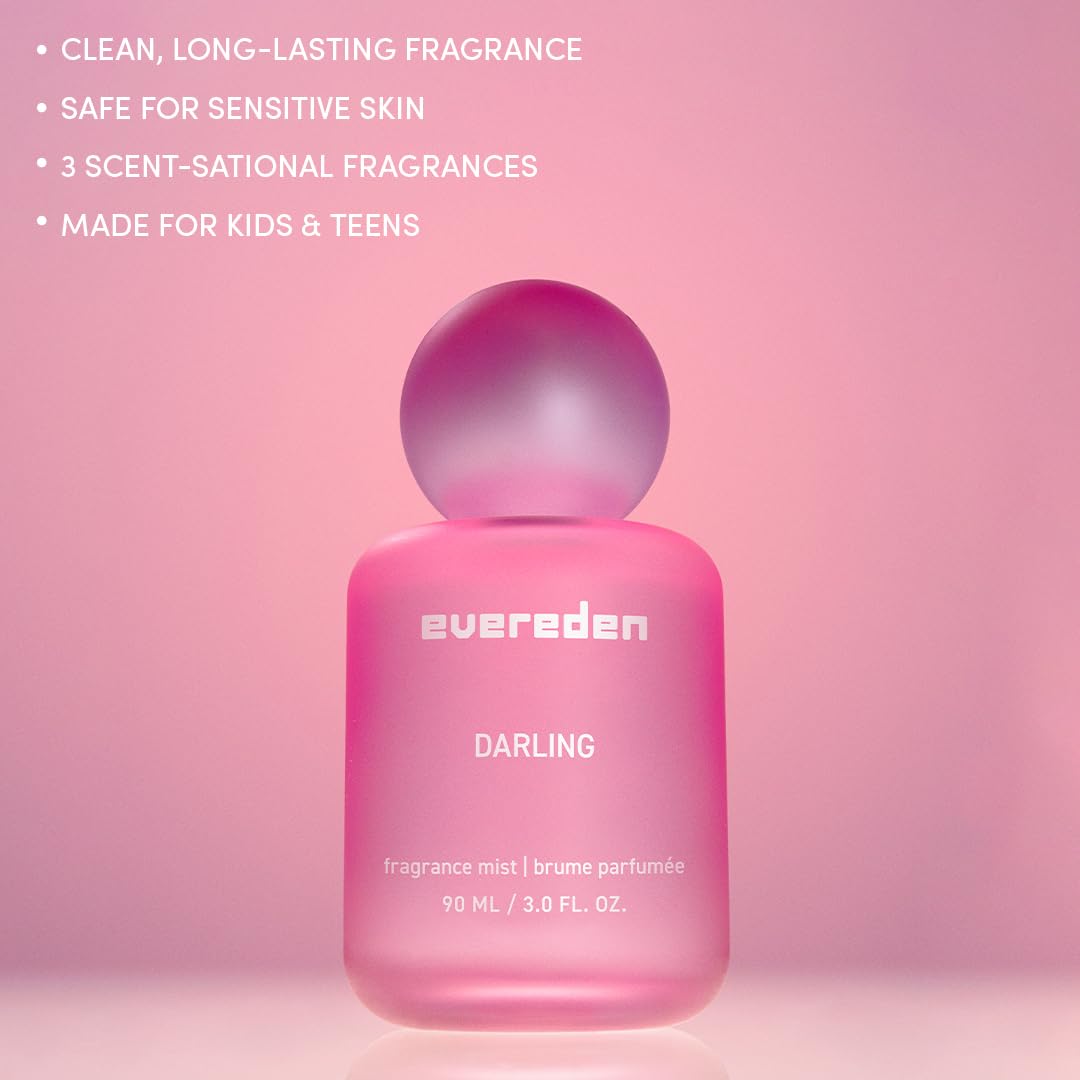 Evereden Fragrance Hair and Body Mist - Darling: Clean and Vegan Collectible Hair and Body Spray for Teen Girls - Amplify Your Self Expression with Iconic Scents in Aesthetic Bottles | Long-Lasting Strawberry, Rose & Vanilla Scent, Aesthetic Bottle, Clean