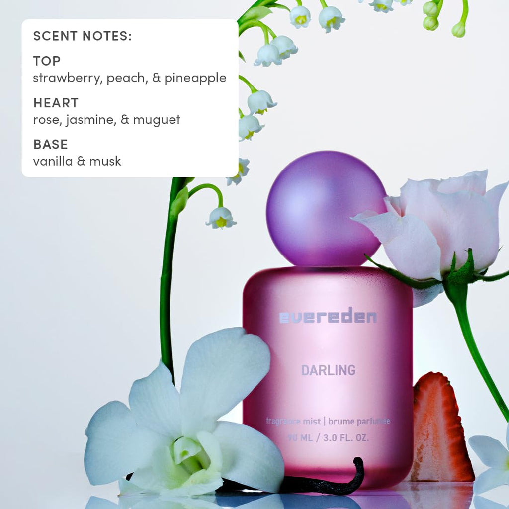 Evereden Fragrance Hair and Body Mist - Darling: Clean and Vegan Collectible Hair and Body Spray for Teen Girls - Amplify Your Self Expression with Iconic Scents in Aesthetic Bottles | Long-Lasting Strawberry, Rose & Vanilla Scent, Aesthetic Bottle, Clean