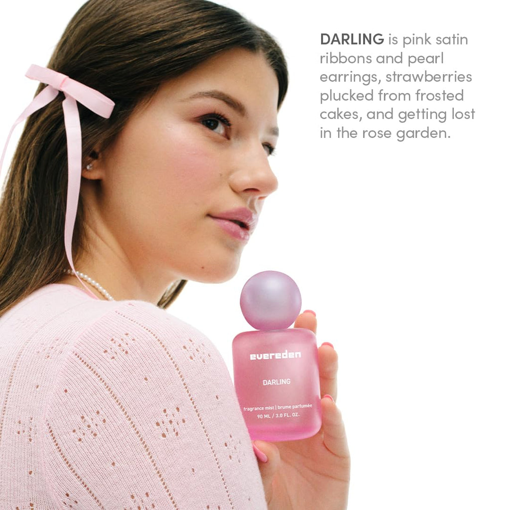 Evereden Fragrance Hair and Body Mist - Darling: Clean and Vegan Collectible Hair and Body Spray for Teen Girls - Amplify Your Self Expression with Iconic Scents in Aesthetic Bottles | Long-Lasting Strawberry, Rose & Vanilla Scent, Aesthetic Bottle, Clean