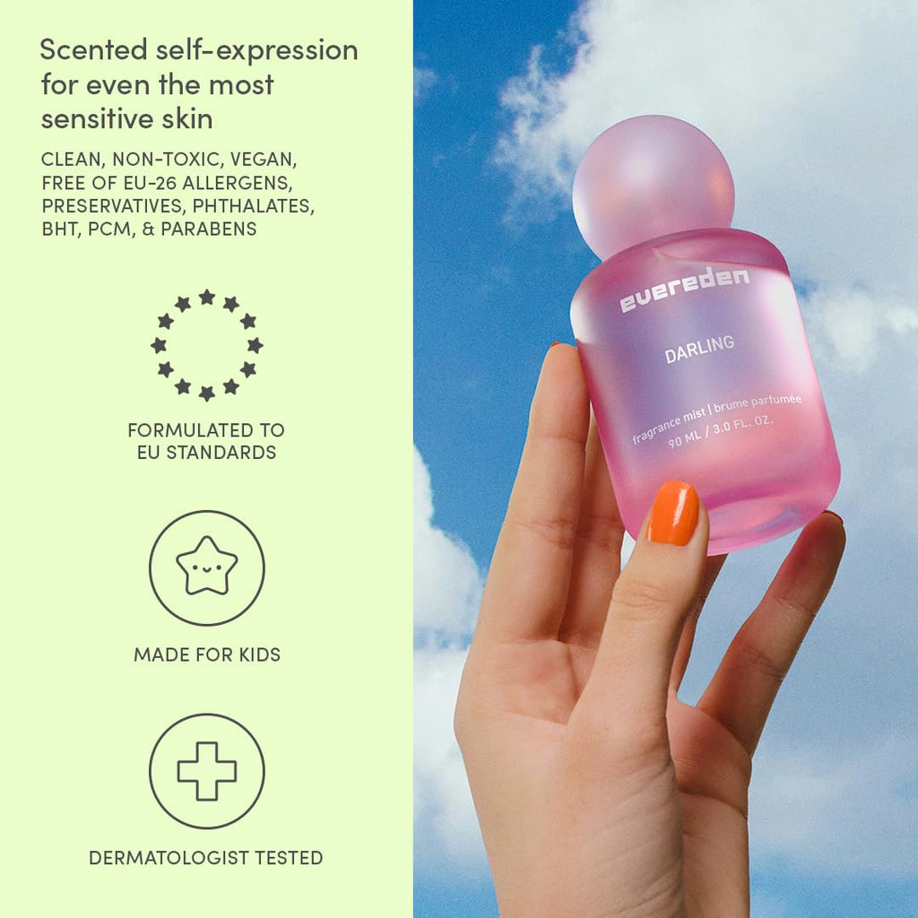 Evereden Fragrance Hair and Body Mist - Darling: Clean and Vegan Collectible Hair and Body Spray for Teen Girls - Amplify Your Self Expression with Iconic Scents in Aesthetic Bottles | Long-Lasting Strawberry, Rose & Vanilla Scent, Aesthetic Bottle, Clean