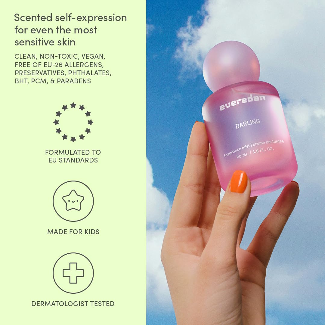 Evereden Fragrance Hair and Body Mist - Darling: Clean and Vegan Collectible Hair and Body Spray for Teen Girls - Amplify Your Self Expression with Iconic Scents in Aesthetic Bottles | Long-Lasting Strawberry, Rose & Vanilla Scent, Aesthetic Bottle, Clean