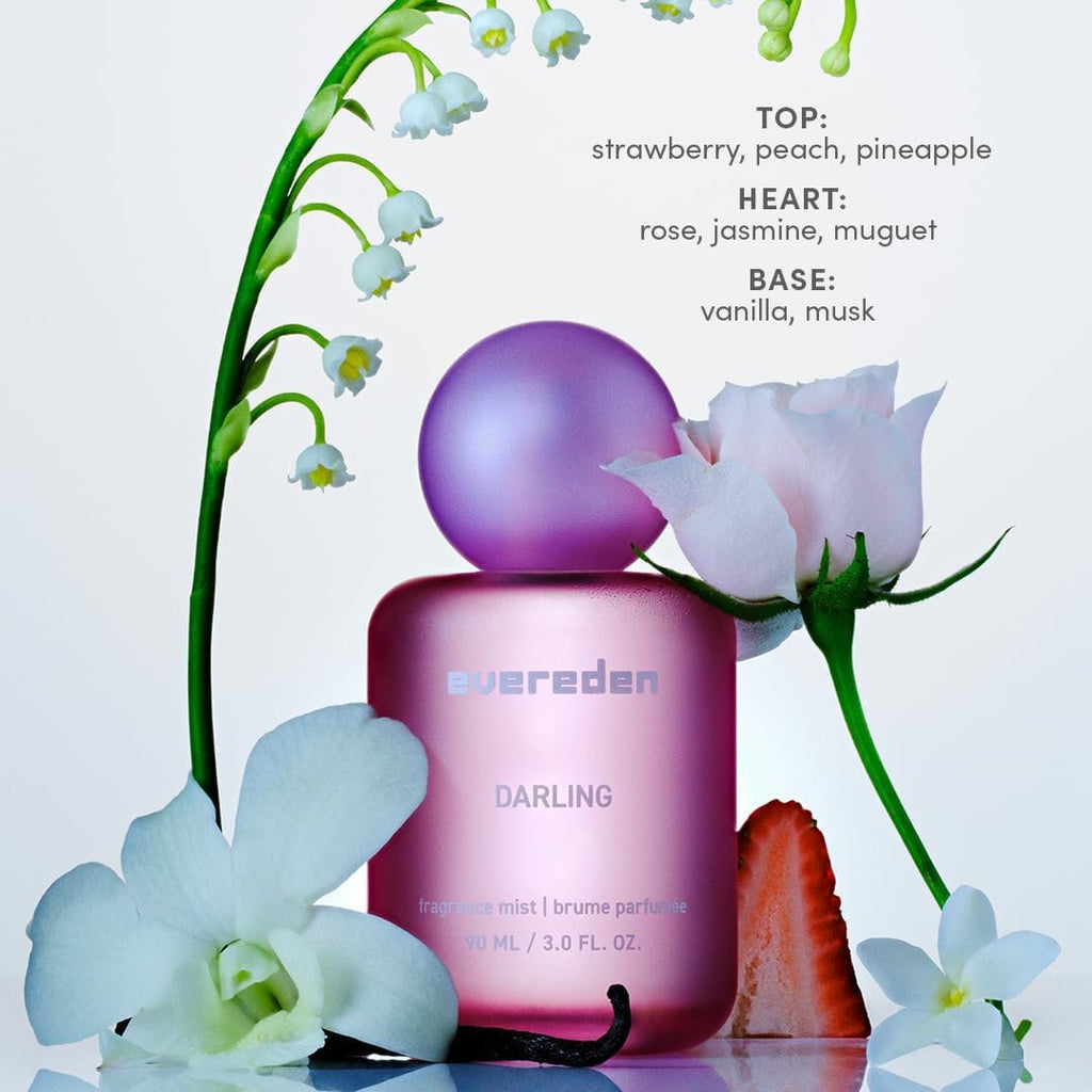 Evereden Fragrance Hair and Body Mist - Darling: Clean and Vegan Collectible Hair and Body Spray for Teen Girls - Amplify Your Self Expression with Iconic Scents in Aesthetic Bottles | Long-Lasting Strawberry, Rose & Vanilla Scent, Aesthetic Bottle, Clean