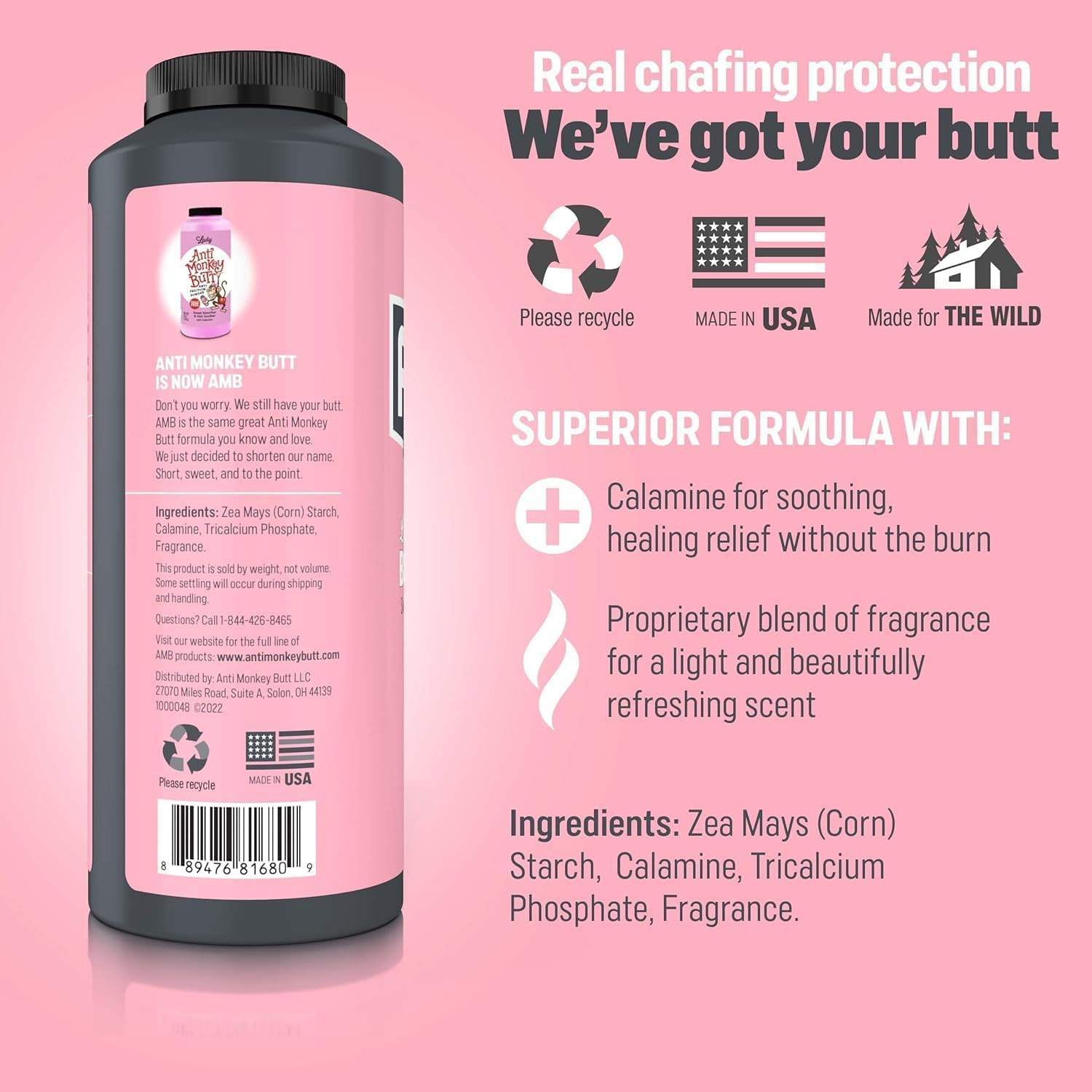 Anti Monkey Butt Body Powder for Women - Talc-Free Anti Chafing Powder for Sweat, Friction, & Itch Relief - Calamine Body Powder for Thigh Chafing, Skin Irritation, & Odor Control - 8 oz