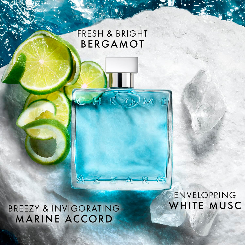Azzaro Chrome Eau de Toilette - Fresh Aquatic Mens Cologne - Citrus, Woody, Musky Fragrance -Fresh Notes of Bergamot - Everyday Wear - Classic Summer Beach Scent - Luxury Perfumes for Men